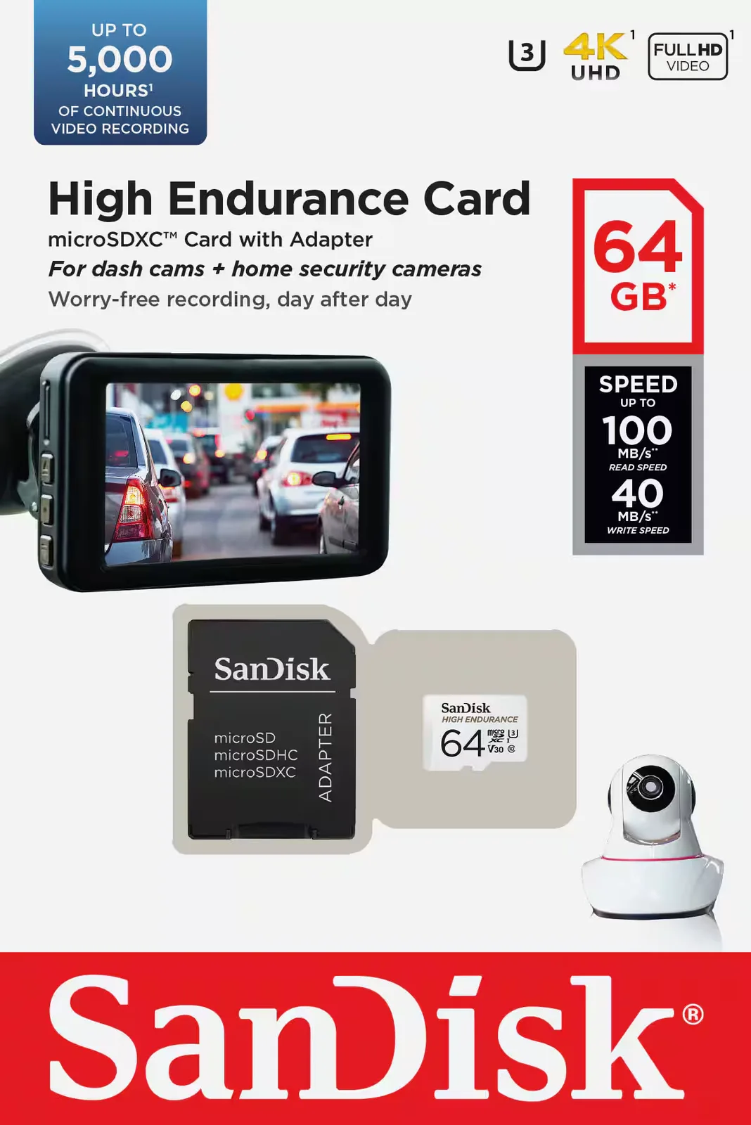 بطاقة ذاكرة رام سانديسك SanDisk microSDXC سعة 64 جيجابايت، تدعم تصوير فيديو بدقة 4K، عالية السرعة، مع محول SD 